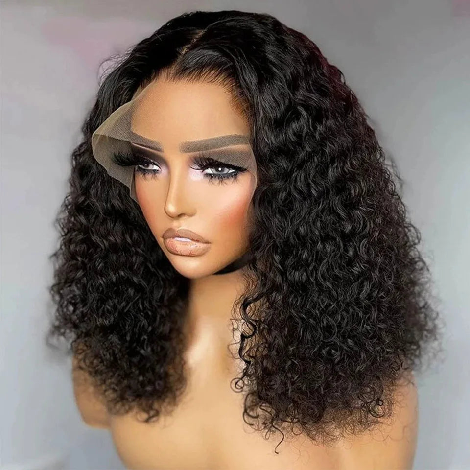 13x4 Lace Frontal 200% Density Human Hair Wig Kinky Curly 16 Inch Long Hair Cover #1B Black Pre-Plucked American Women Hair Wigs