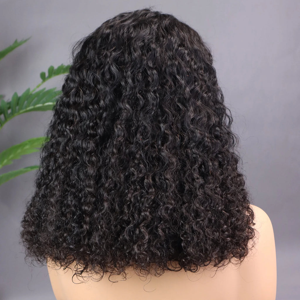 13x4 Lace Frontal 200% Density Human Hair Wig Kinky Curly 16 Inch Long Hair Cover #1B Black Pre-Plucked American Women Hair Wigs