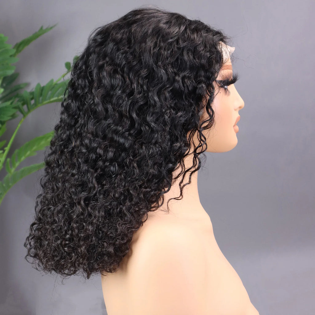 13x4 Lace Frontal 200% Density Human Hair Wig Kinky Curly 16 Inch Long Hair Cover #1B Black Pre-Plucked American Women Hair Wigs