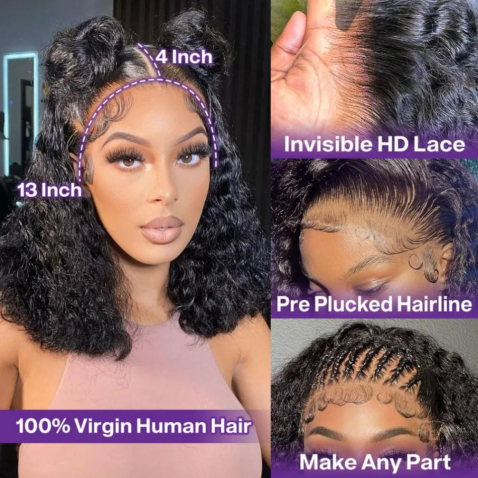 Bob Wig Human Hair Short Curly Deep Wave 13X6 Hd Lace Front Human Hair Wig 13X4 Transparent Lace Frontal Wigs For Women 16 Inch